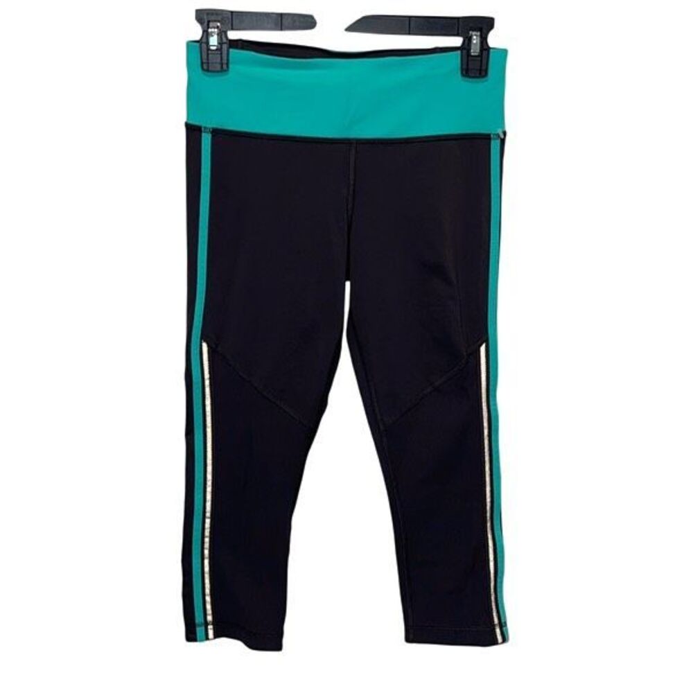 Lululemon Run Tempo Crop Capri Legging Gray Turquoise Band Zip Pocket Size 4